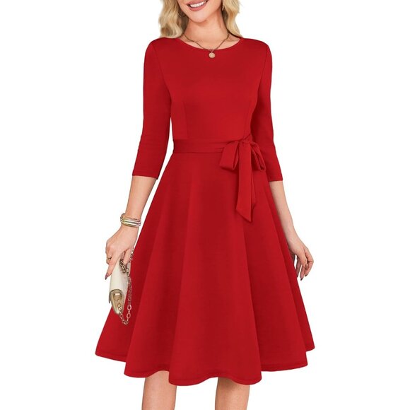 Women's Red 3/4 Sleeve Vintage Flattering A-line Vintage Cocktail Dresses - Picture 1 of 5
